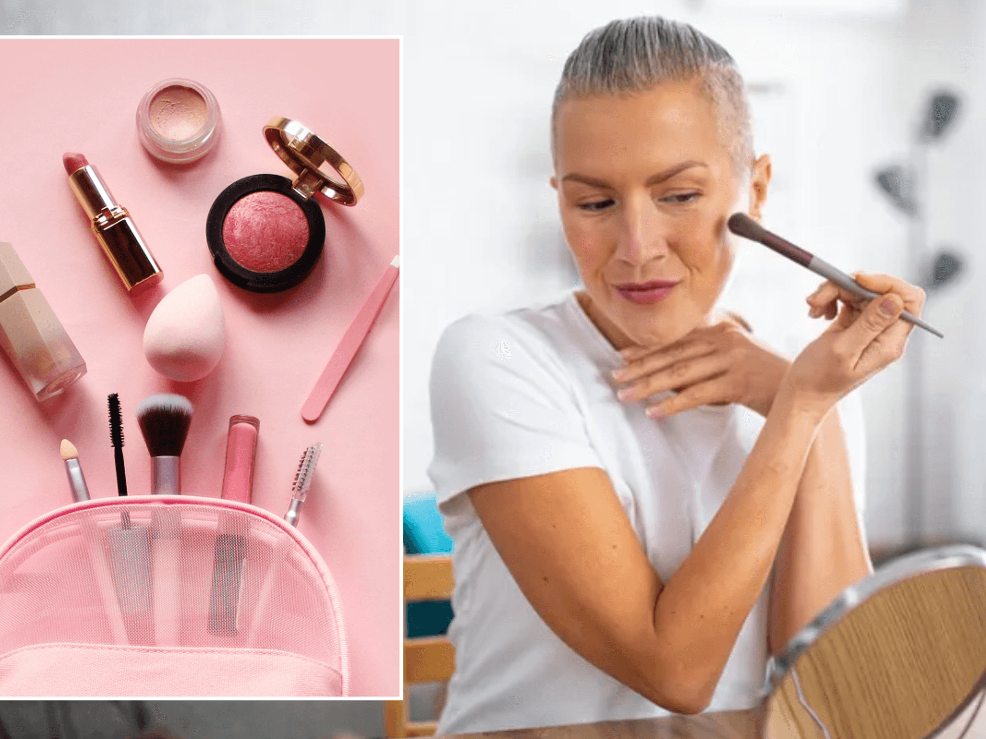 Make-up in makeup bag / Middle-aged woman applying make-up