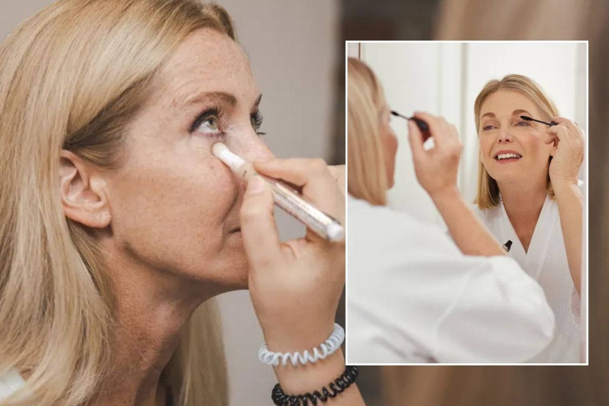 Makeup artist applying concealer to a woman's face / Woman applying mascara