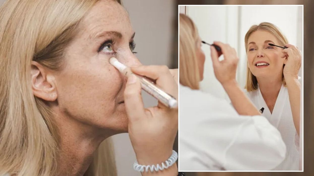 Makeup artist applying concealer to a woman's face / Woman applying mascara