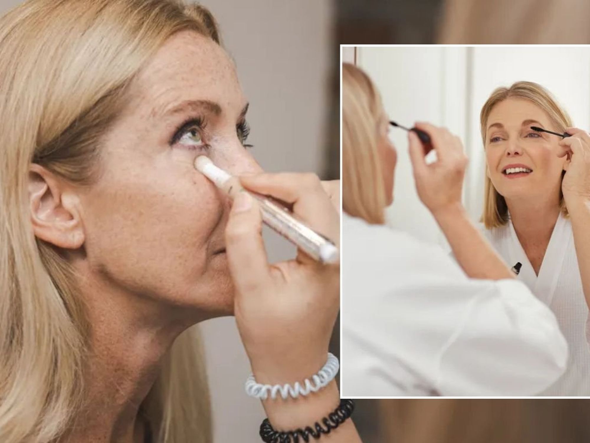 Makeup artist applying concealer to a woman's face / Woman applying mascara