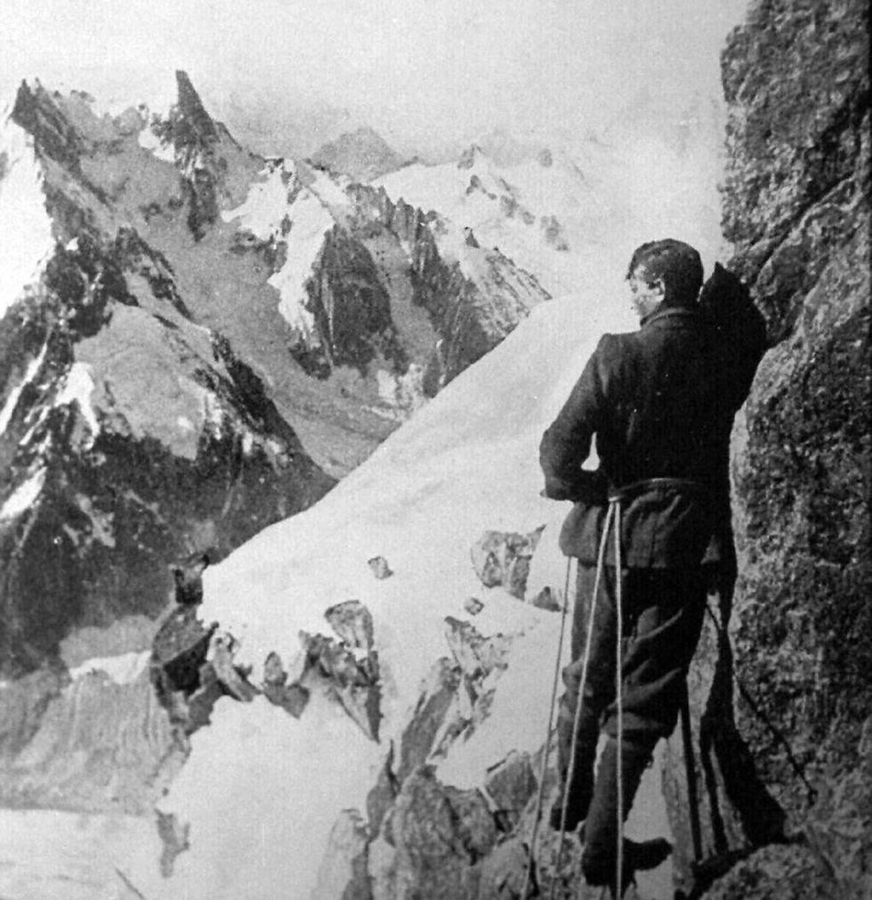 Mallory on the Moine ridge of the Aiguille Verte mountain in the French Alps in 1909