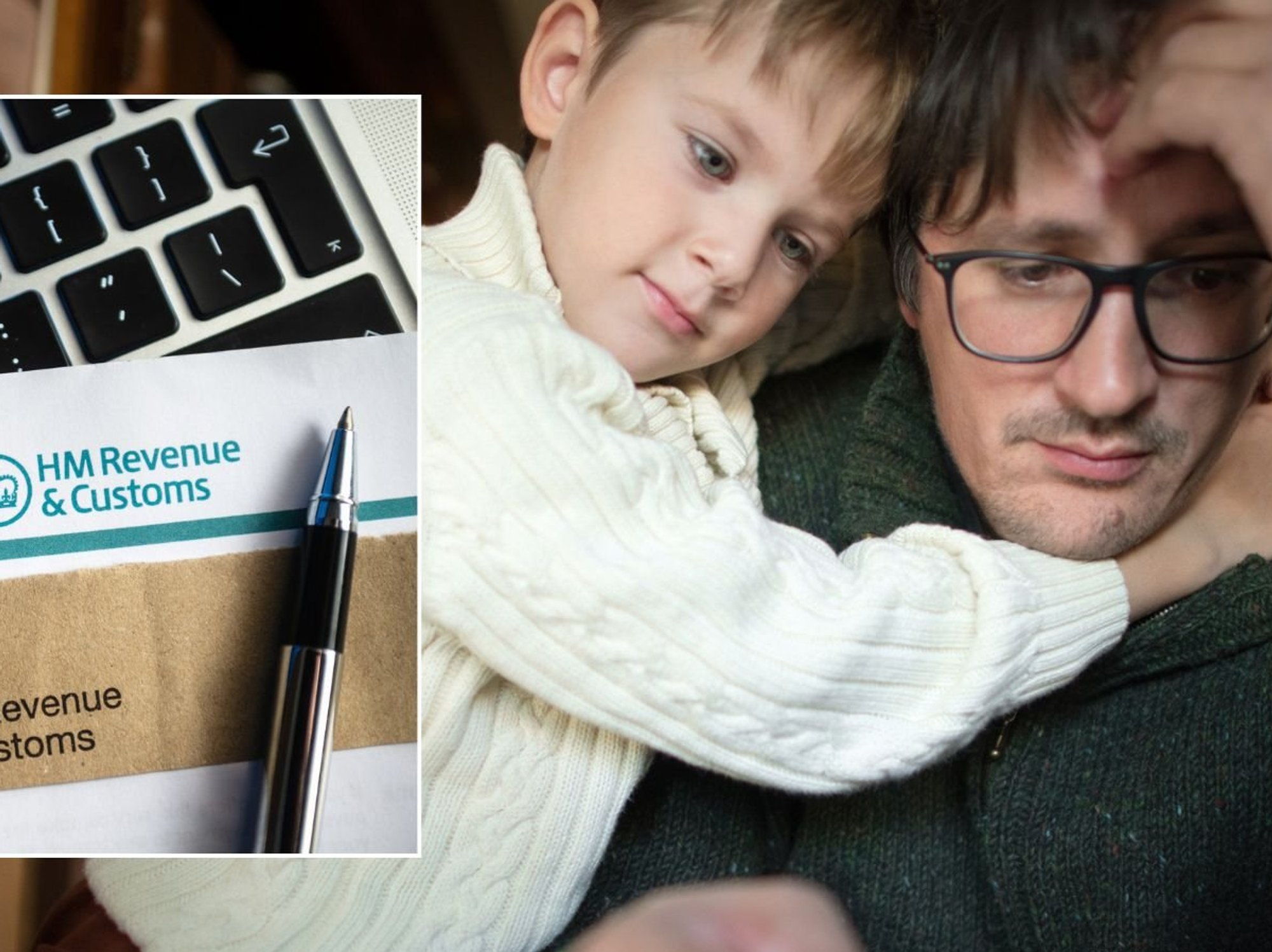 Man and child looking worried, and HMRC letter