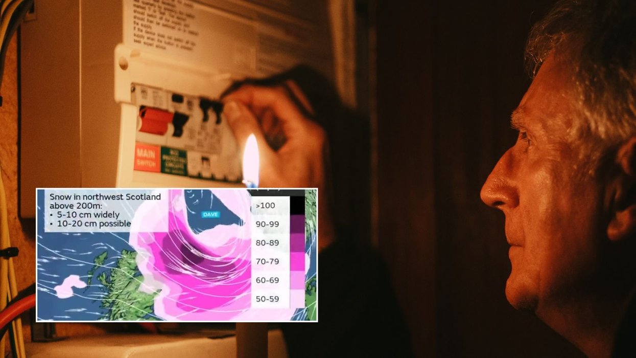 Man at fuse box and Met Office map