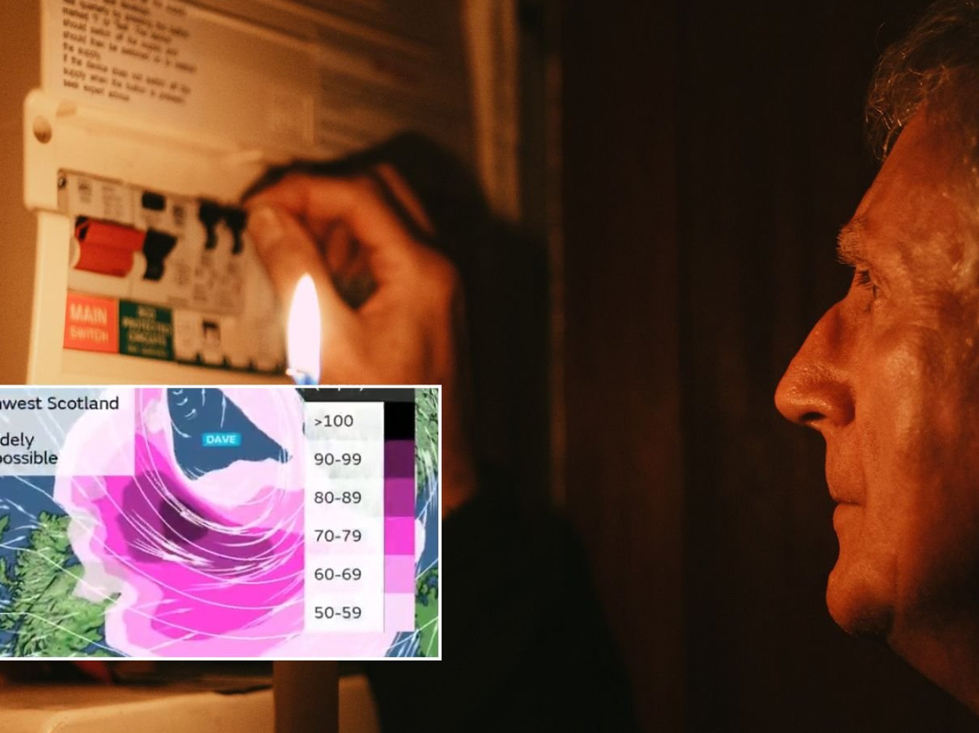 Man at fuse box and Met Office map