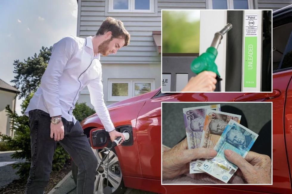 Man charging an electric car, a petrol pump and UK cash