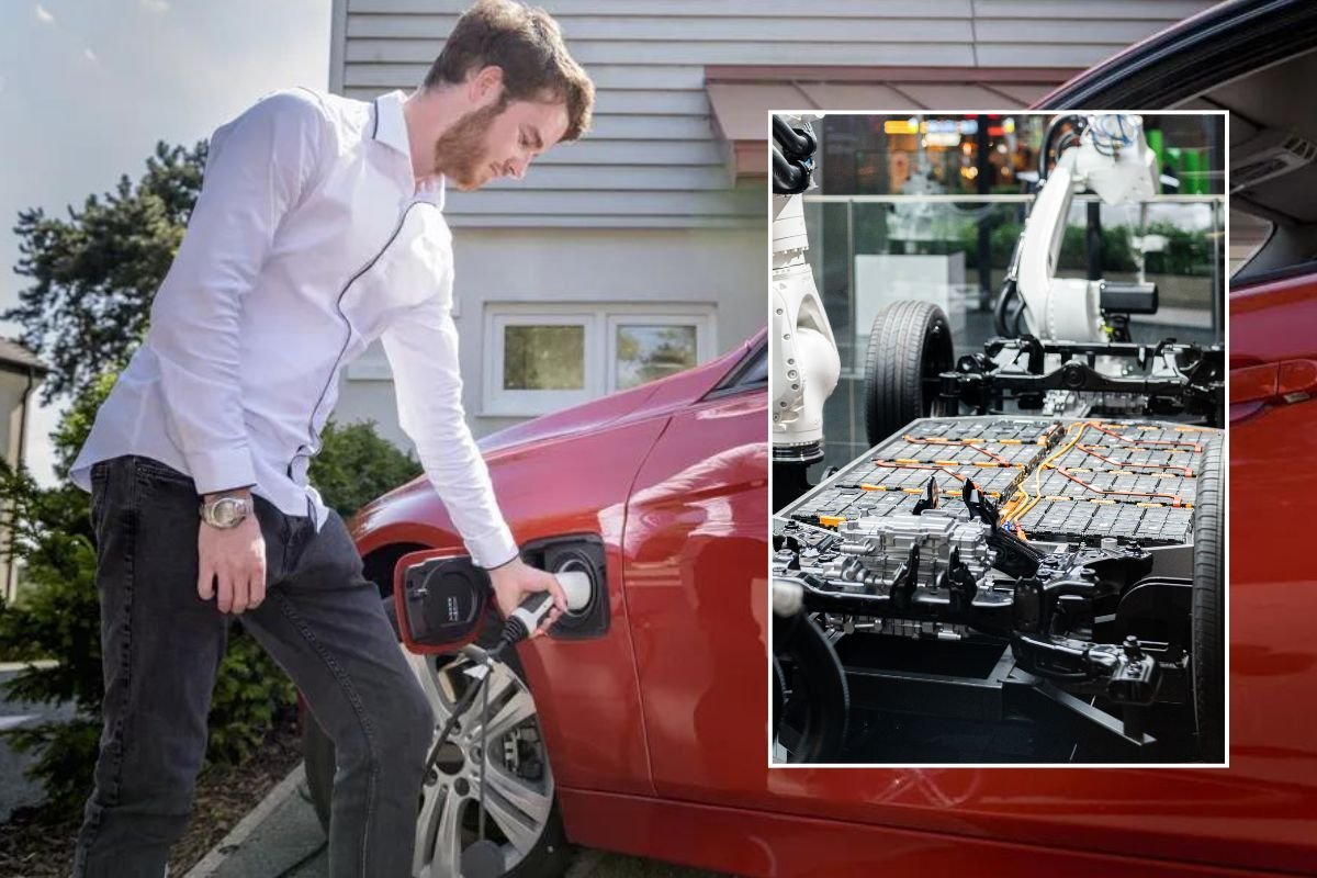 Man charging an electric car and an electric car battery