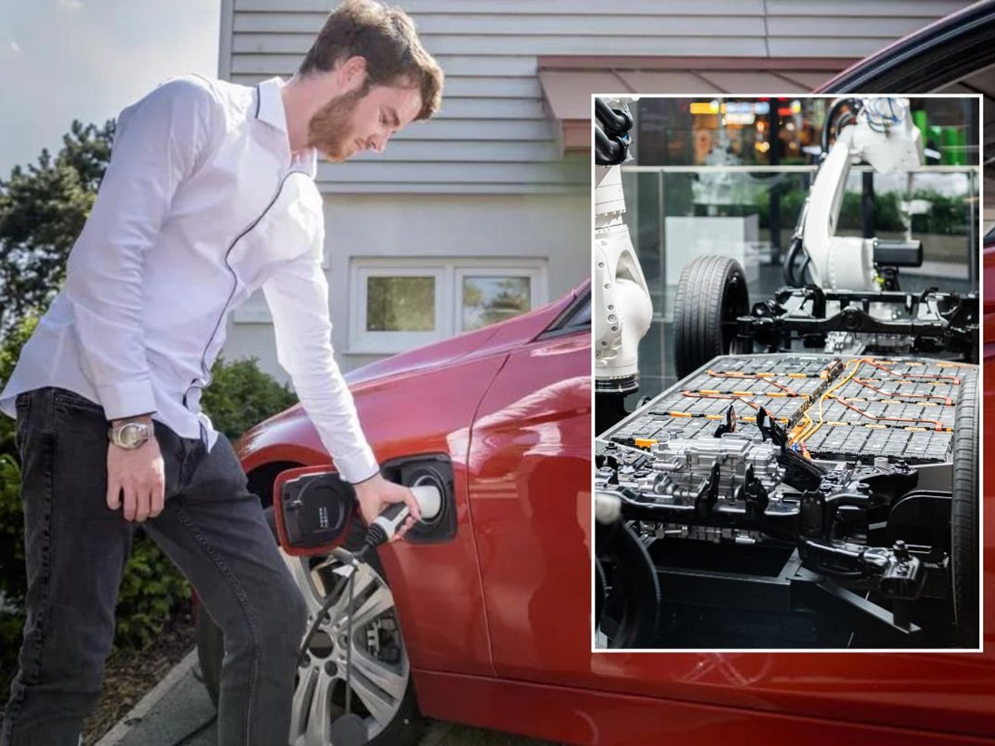 Man charging an electric car and an electric car battery