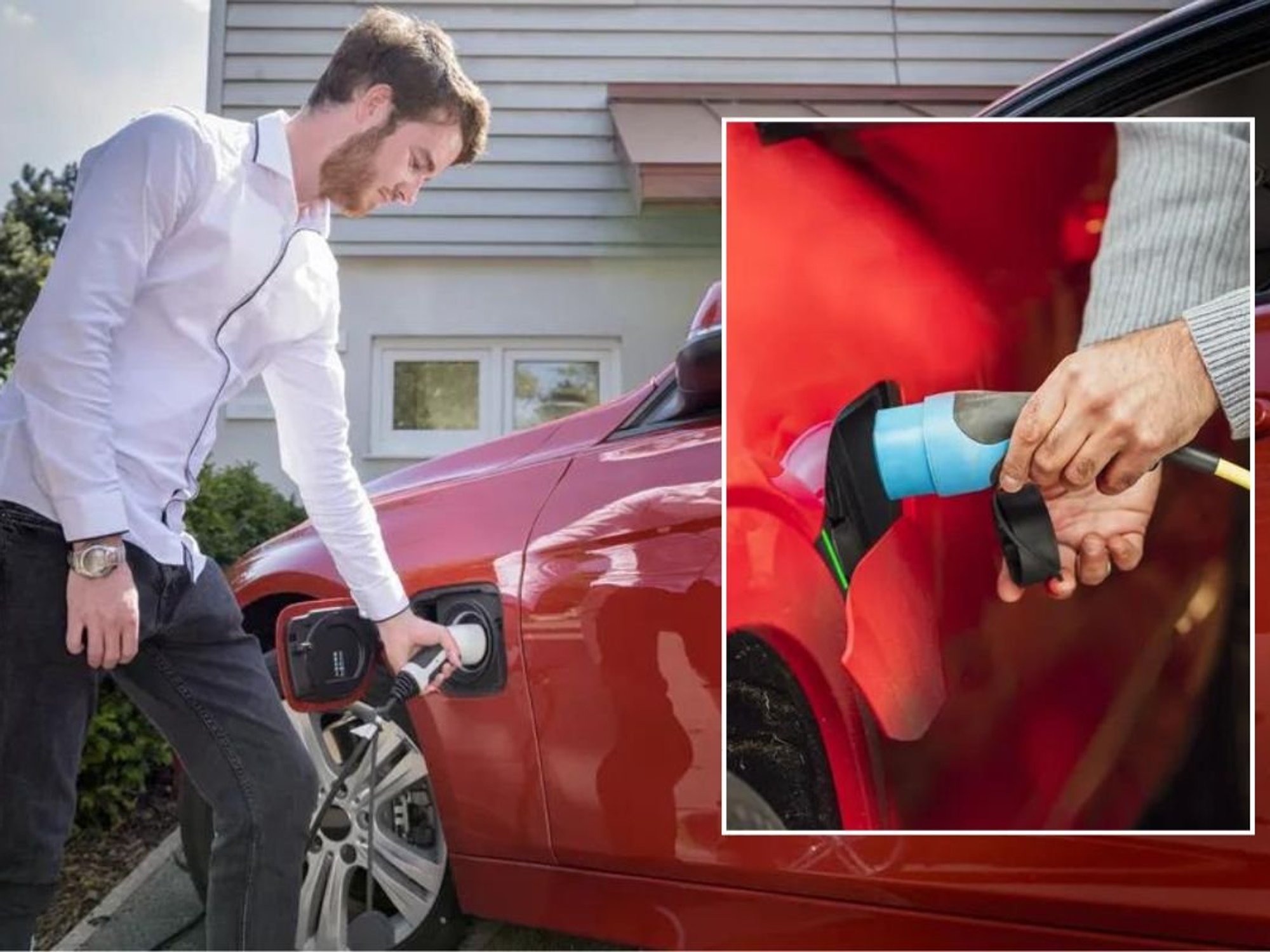 Man charging an electric car and an electric car being charged