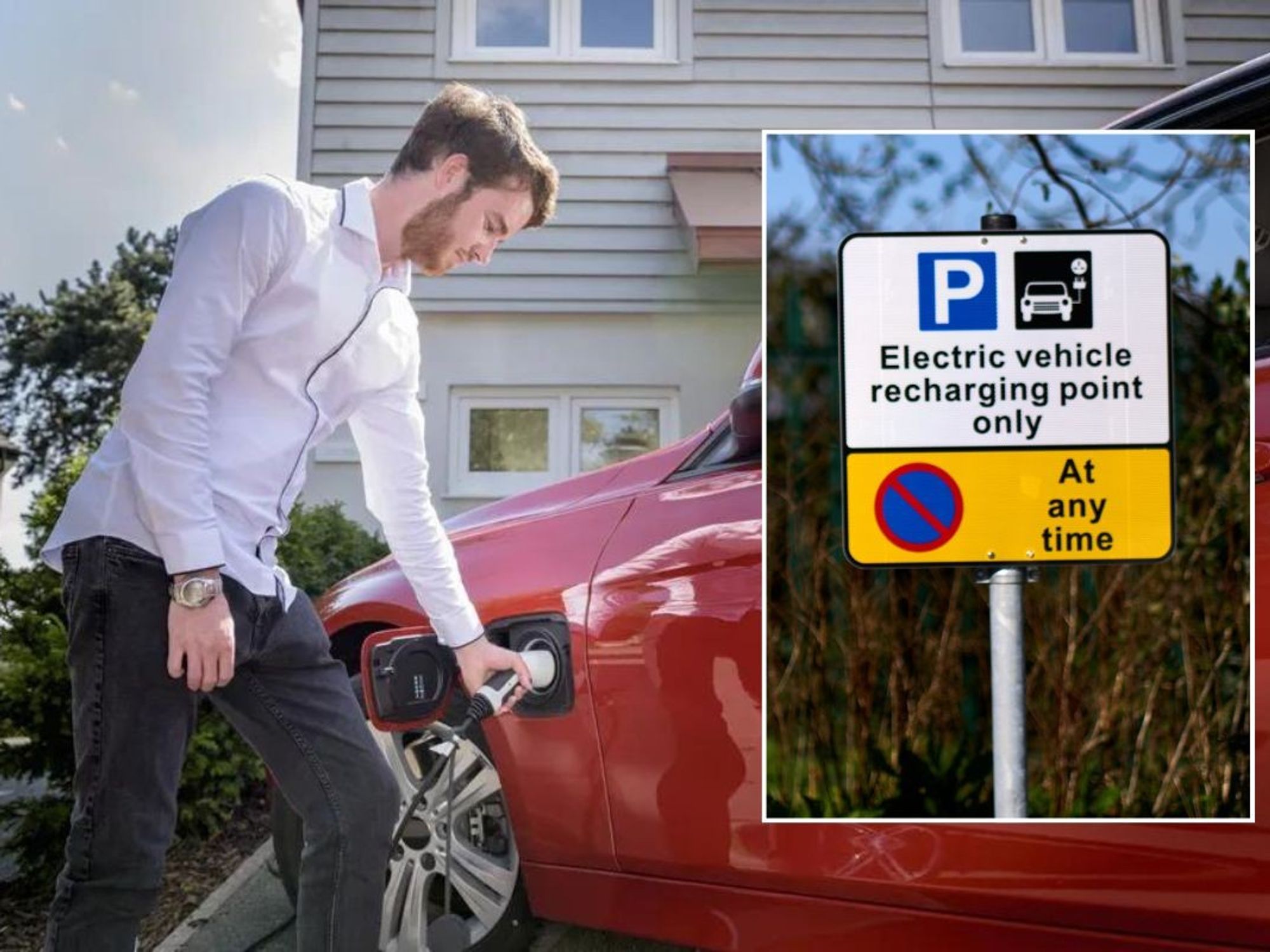 Man charging an electric car and an electric car charging sign