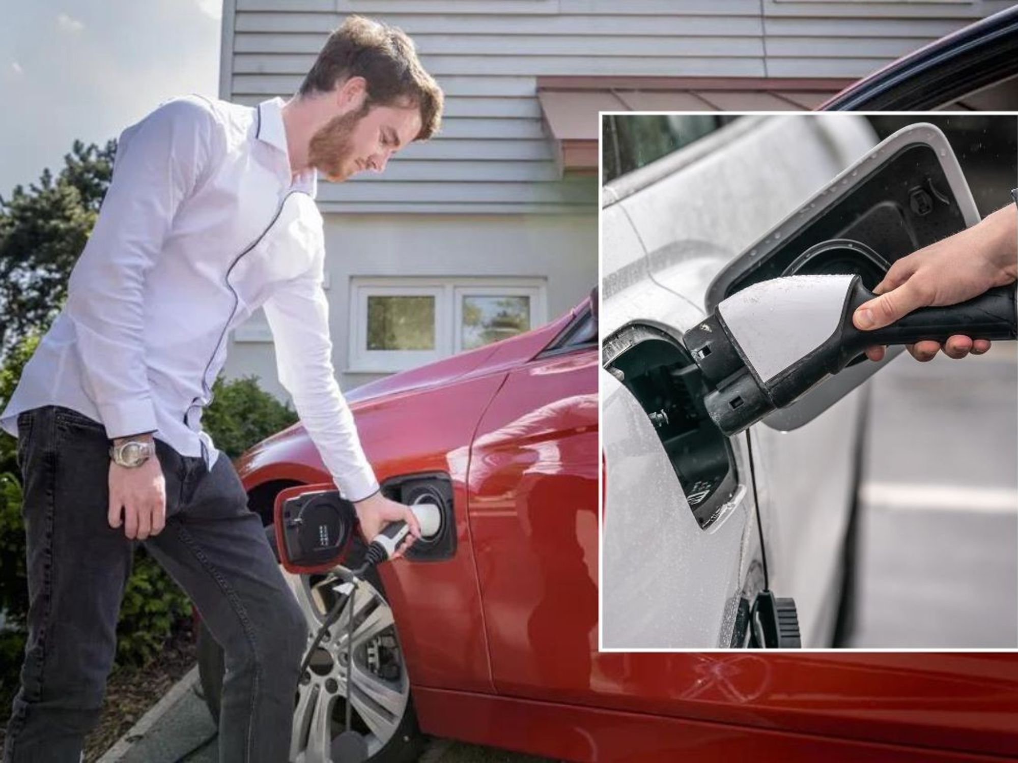 Man charging an electric car and an electric vehicle charger