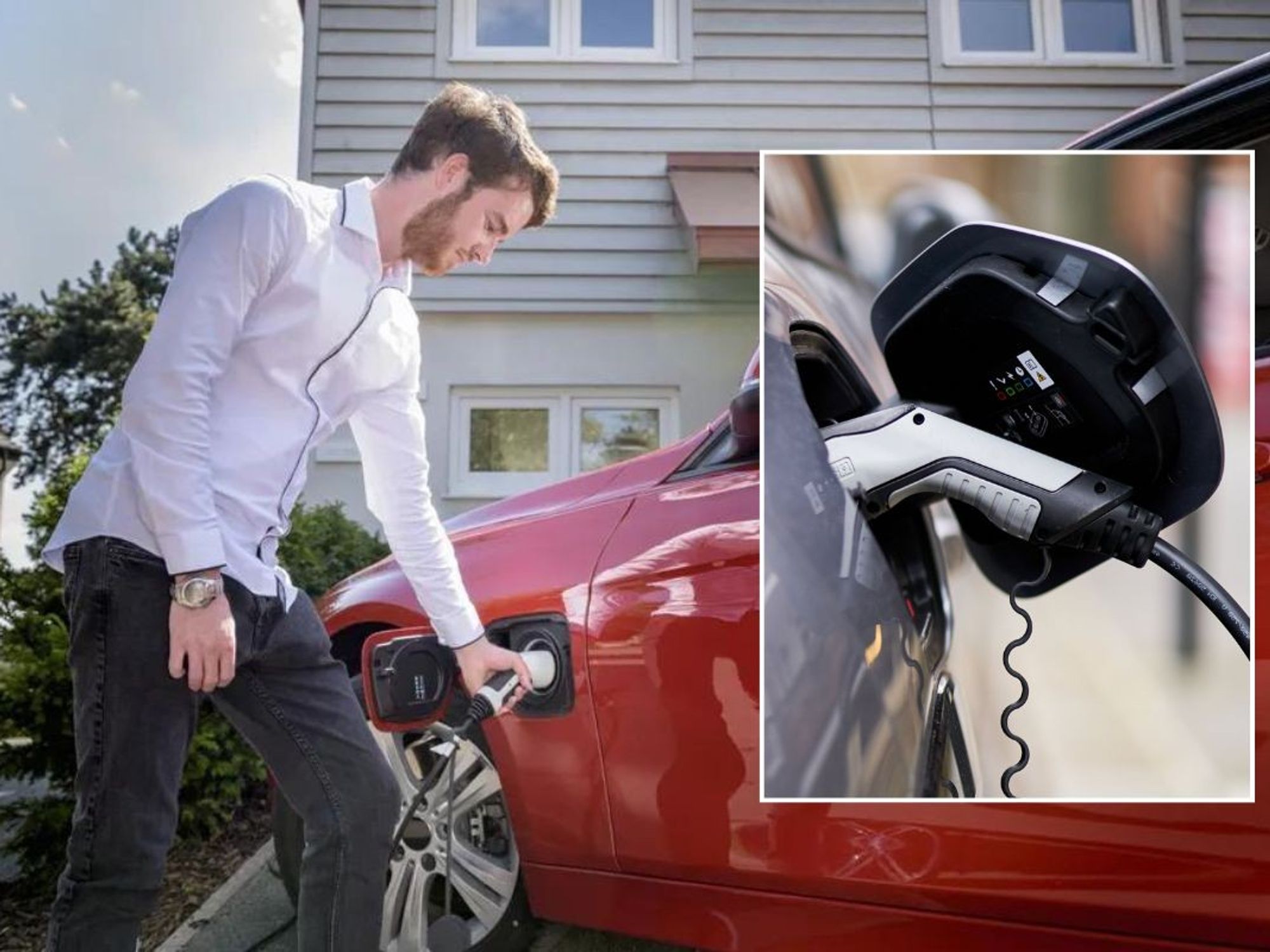 Man charging an electric car and an EV charger