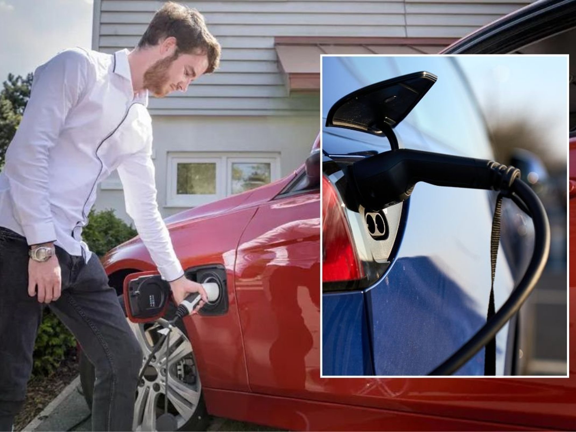 Man charging an electric car and an EV charger