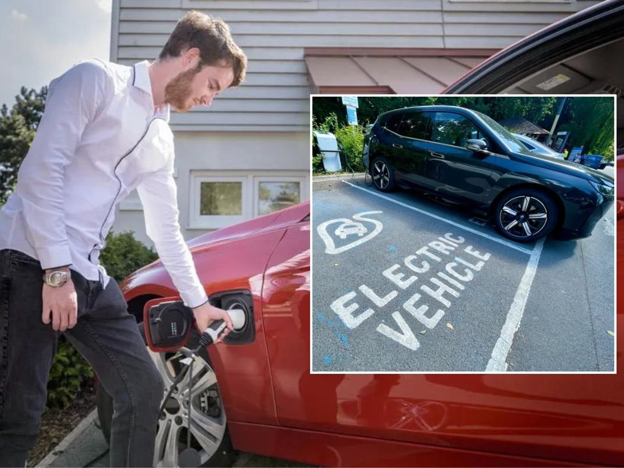 Man charging an electric car and an EV charging