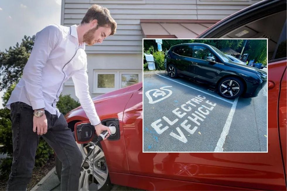 Man charging an electric car and an EV charging