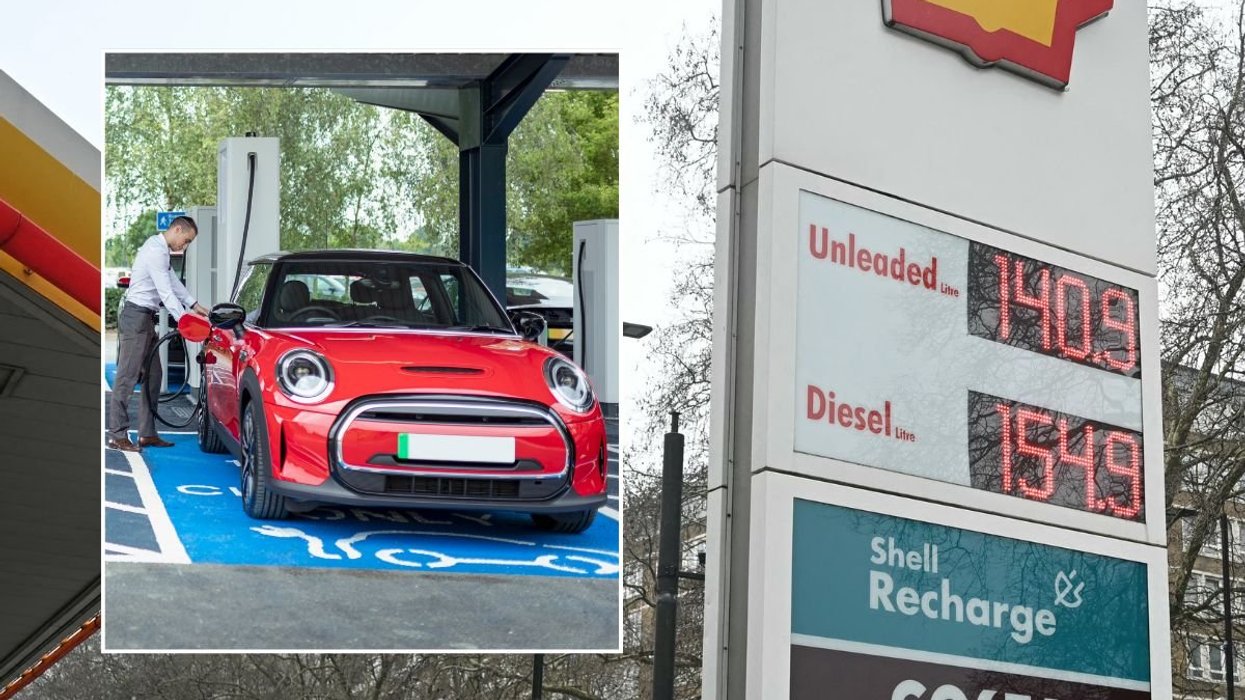 Man charging an electric car and petrol and diesel prices