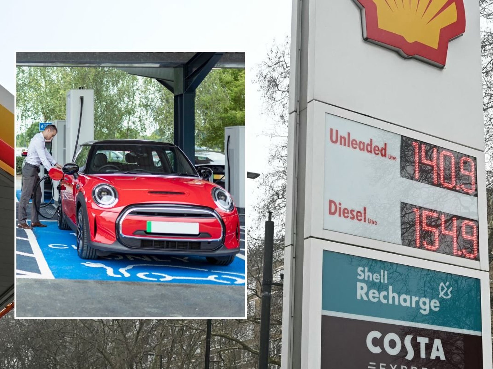 Man charging an electric car and petrol and diesel prices