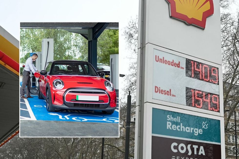 Man charging an electric car and petrol and diesel prices