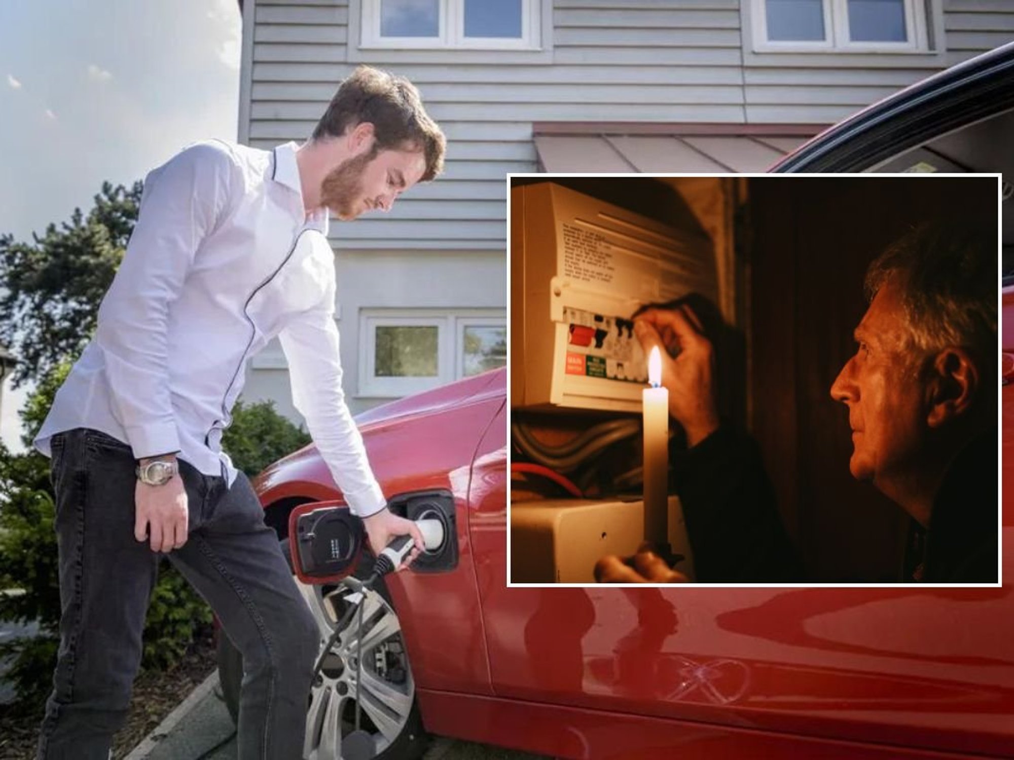 Man charging an electric car at home and an elderly man trying to fix a power cut