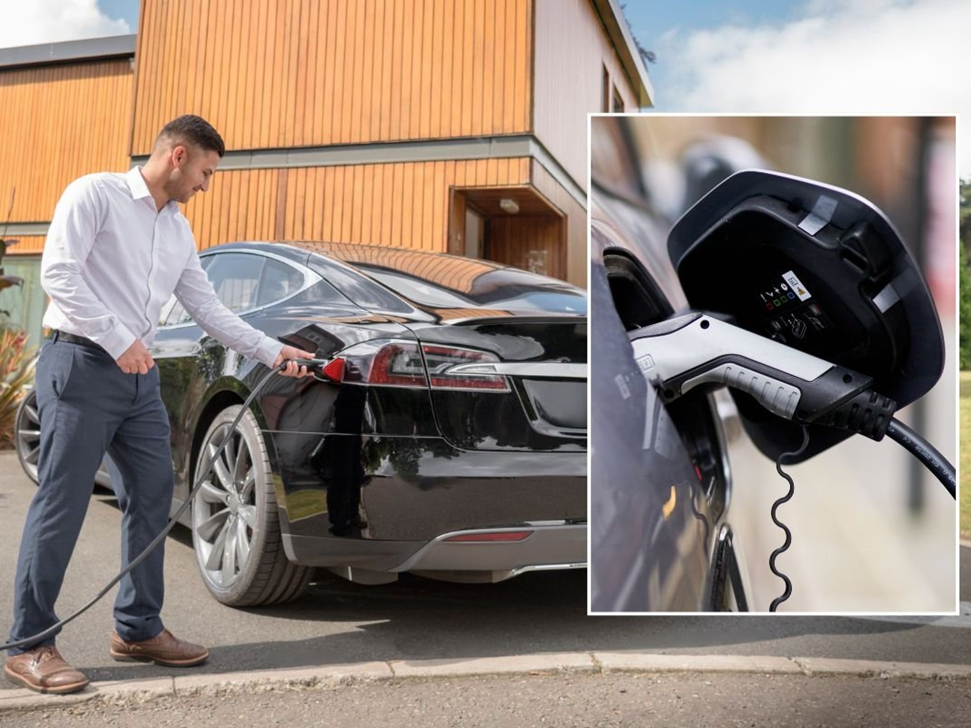 Man charging an electric car at home and an EV charger