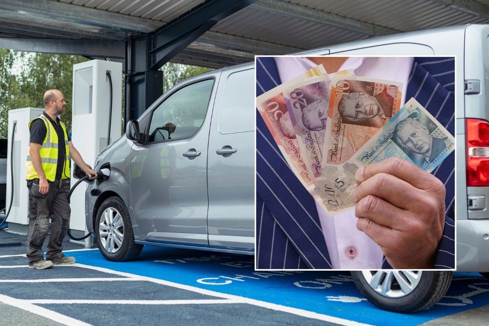 Man charging an electric van and a man holding UK money