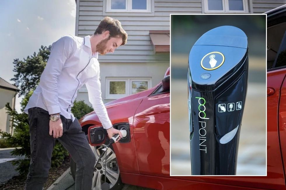 Man charging an electric vehicle and a Pod Point charging station