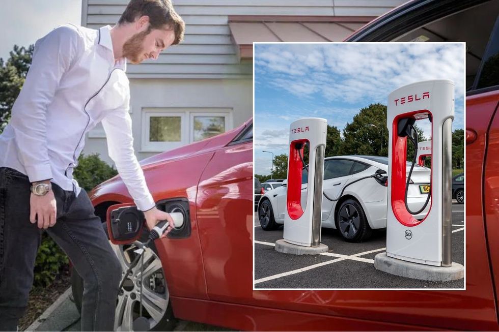 Man charging electric car and a Tesla Supercharger station