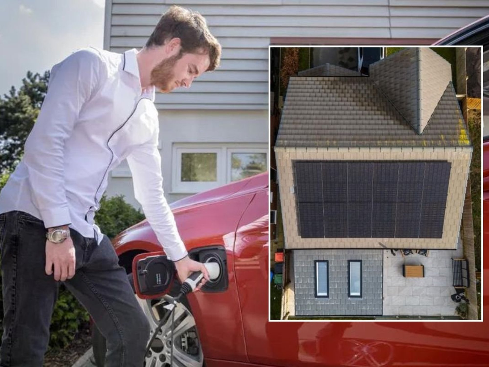 Man charging electric car at home and a house covered in solar panels