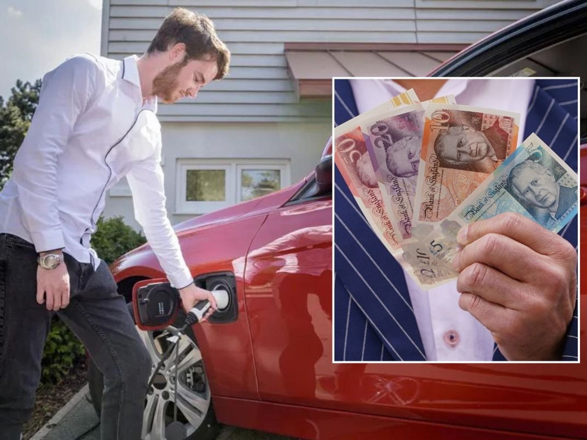 Man charging electric car at home and a man holding UK cash