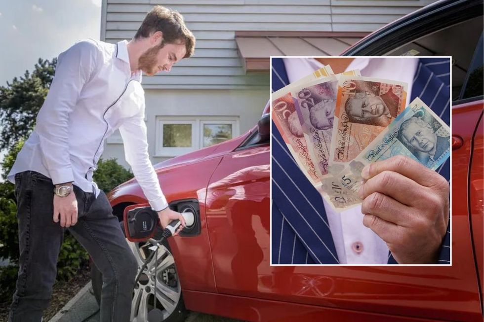 Man charging electric car at home and a man holding UK cash