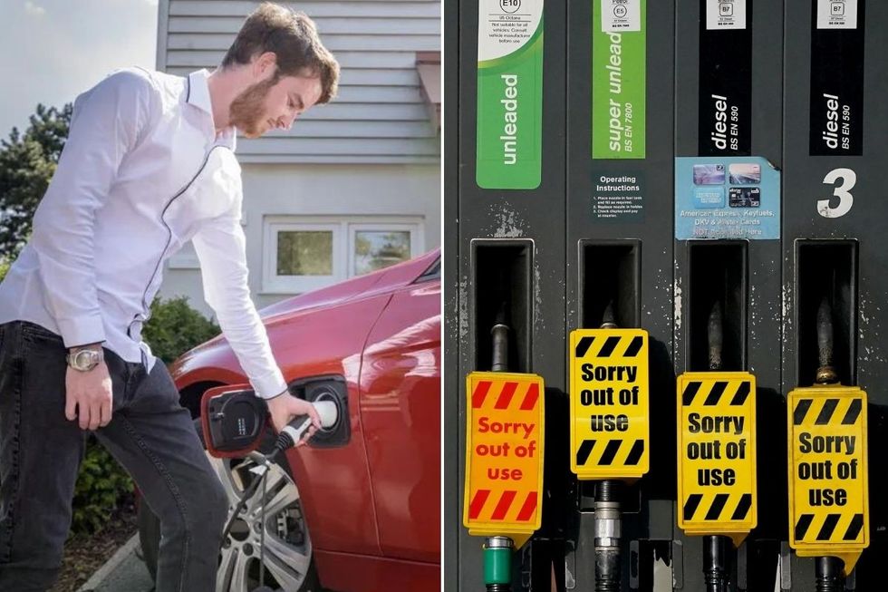 Man charging electric vehicle and empty petrol and diesel pumps