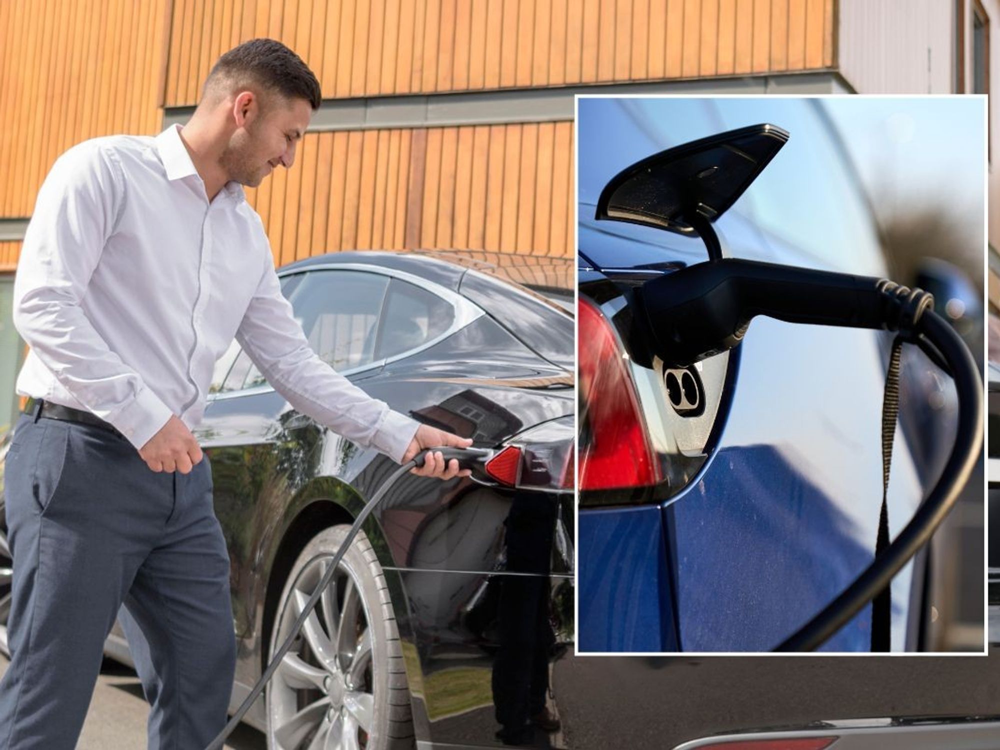 Man charging his electric vehicle at home and an EV charger