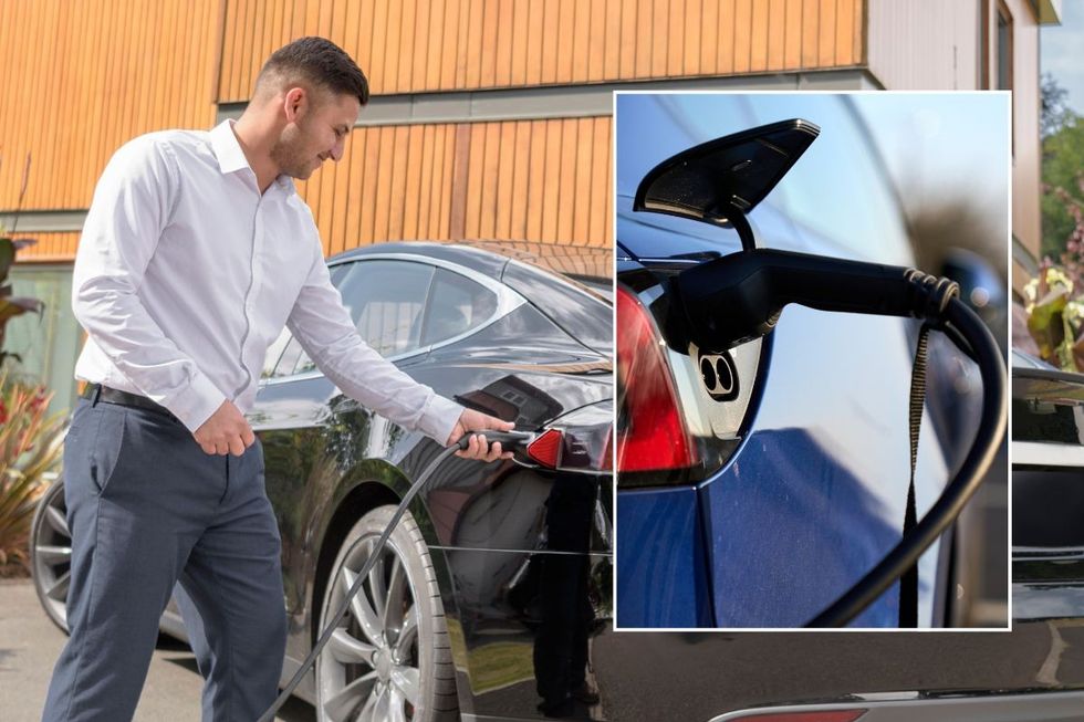Man charging his electric vehicle at home and an EV charger