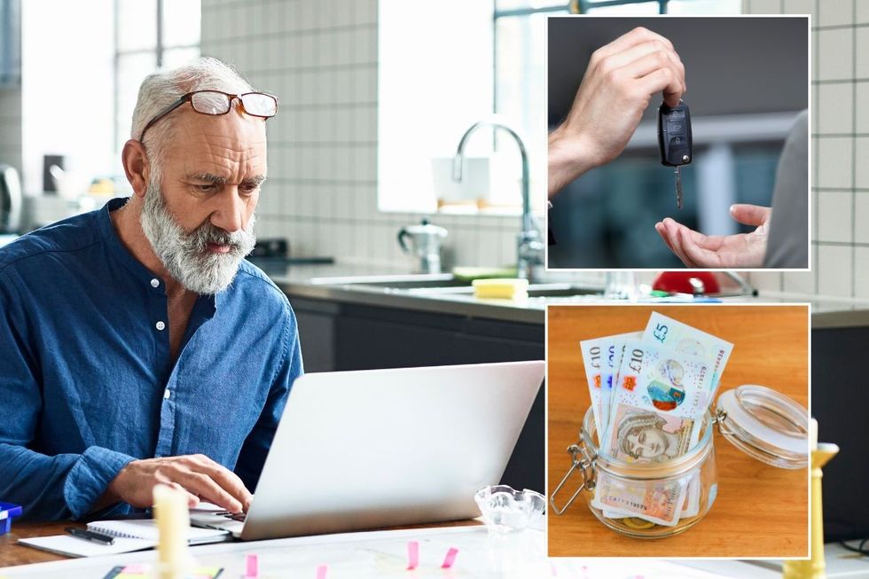 Man checking a laptop, car keys and a pot of UK money
