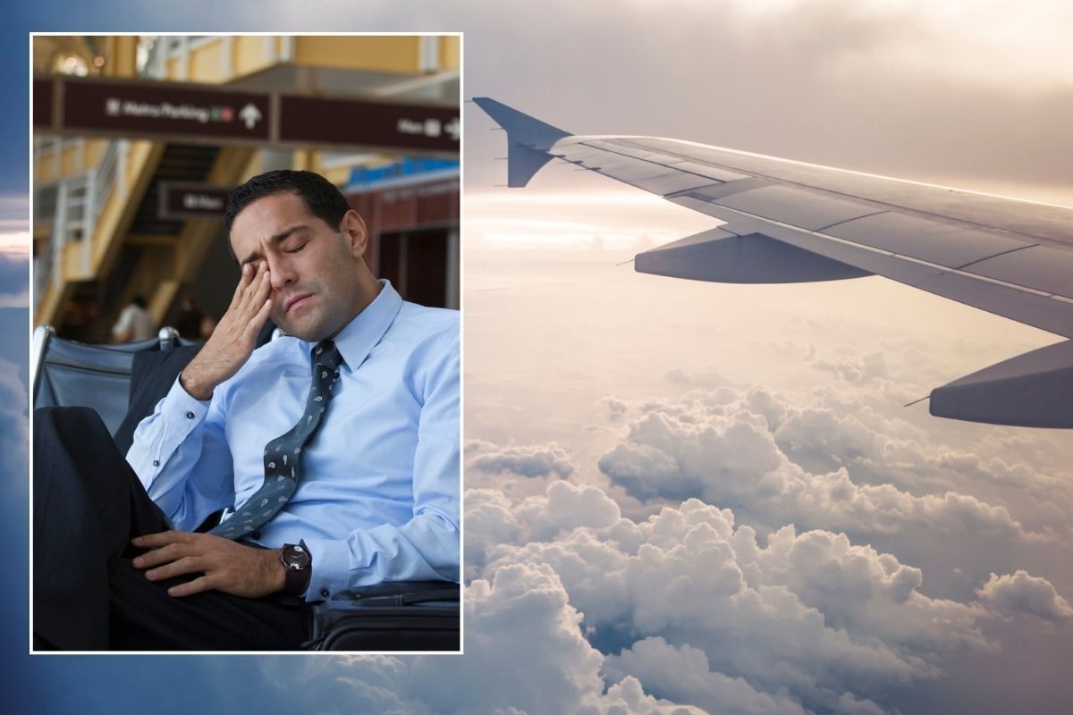 Man disappointed at airport / Plane wing