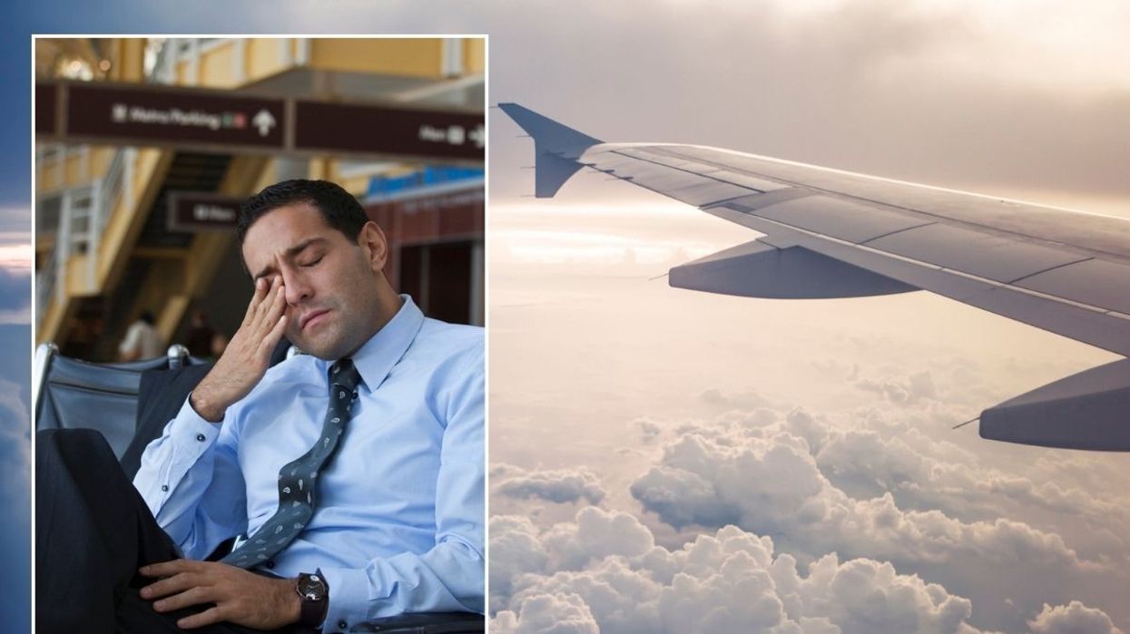 Man disappointed at airport / Plane wing
