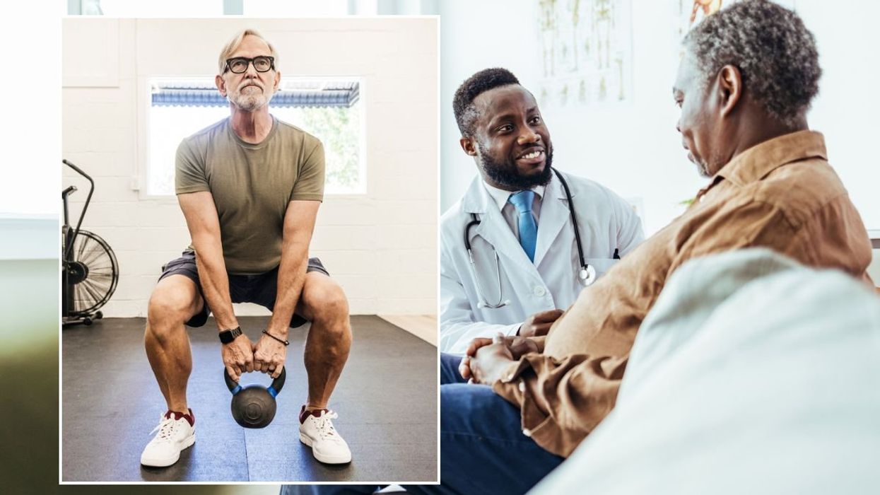 Man doing kettlebell exercises / Man in doctor's appointment
