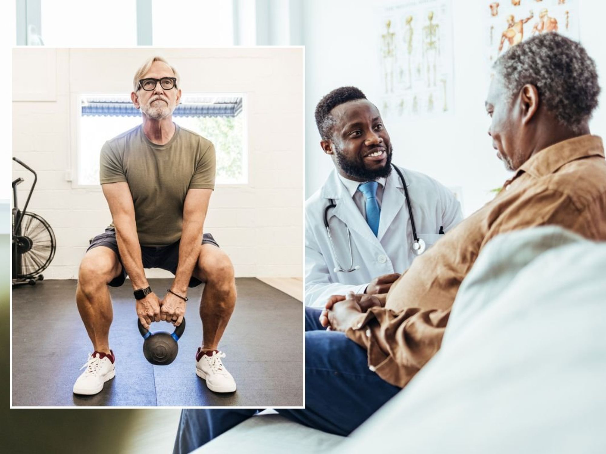 Man doing kettlebell exercises / Man in doctor's appointment