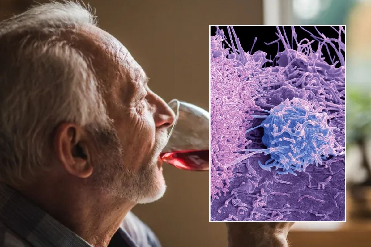 MAN DRINKING WINE AND TUMOUR ILLUSTRATION