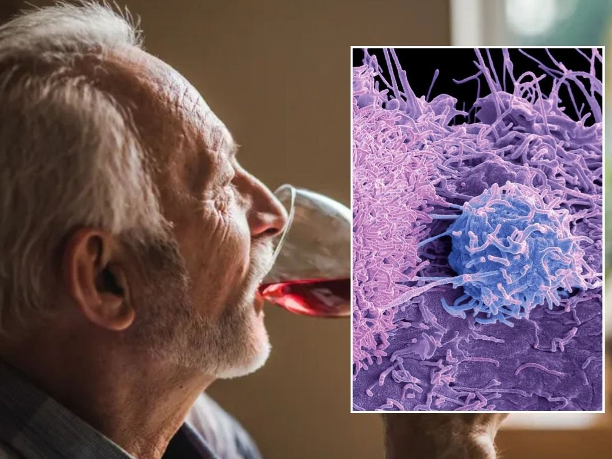 MAN DRINKING WINE AND TUMOUR ILLUSTRATION