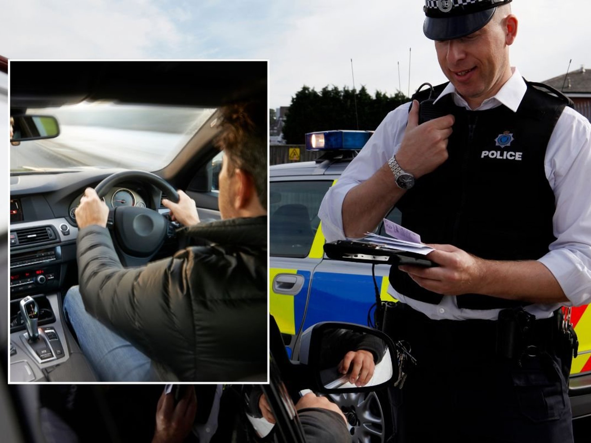 Man driving a car and a police officer