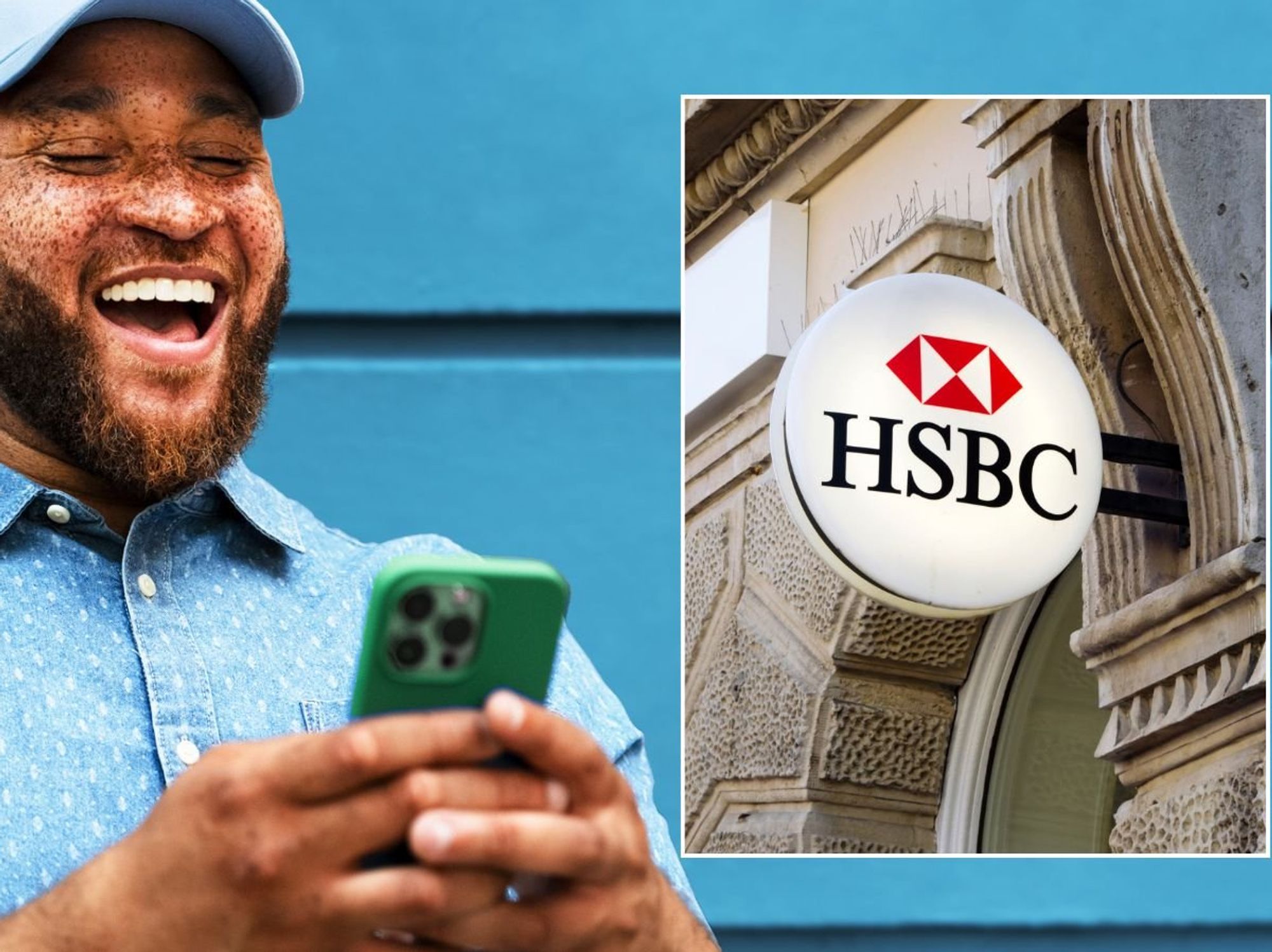 Man happy and HSBC branch