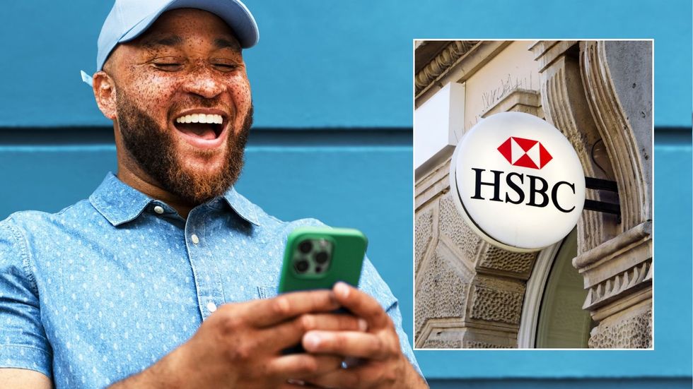 Man happy and HSBC branch