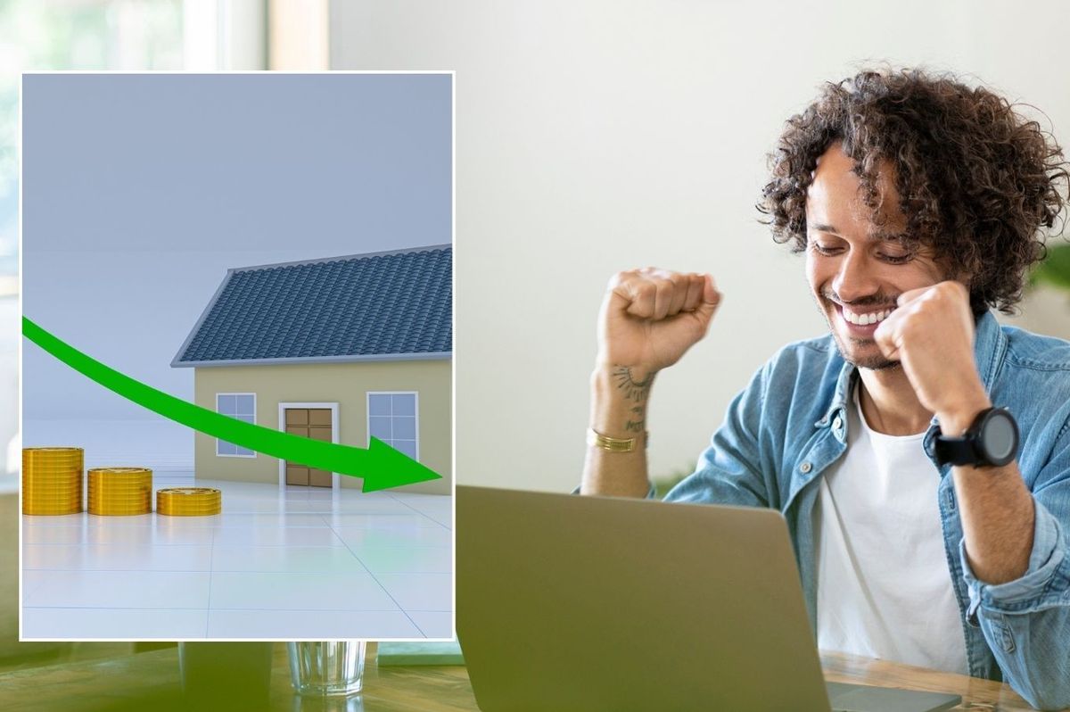 Man happy and mortgage rate graph going down