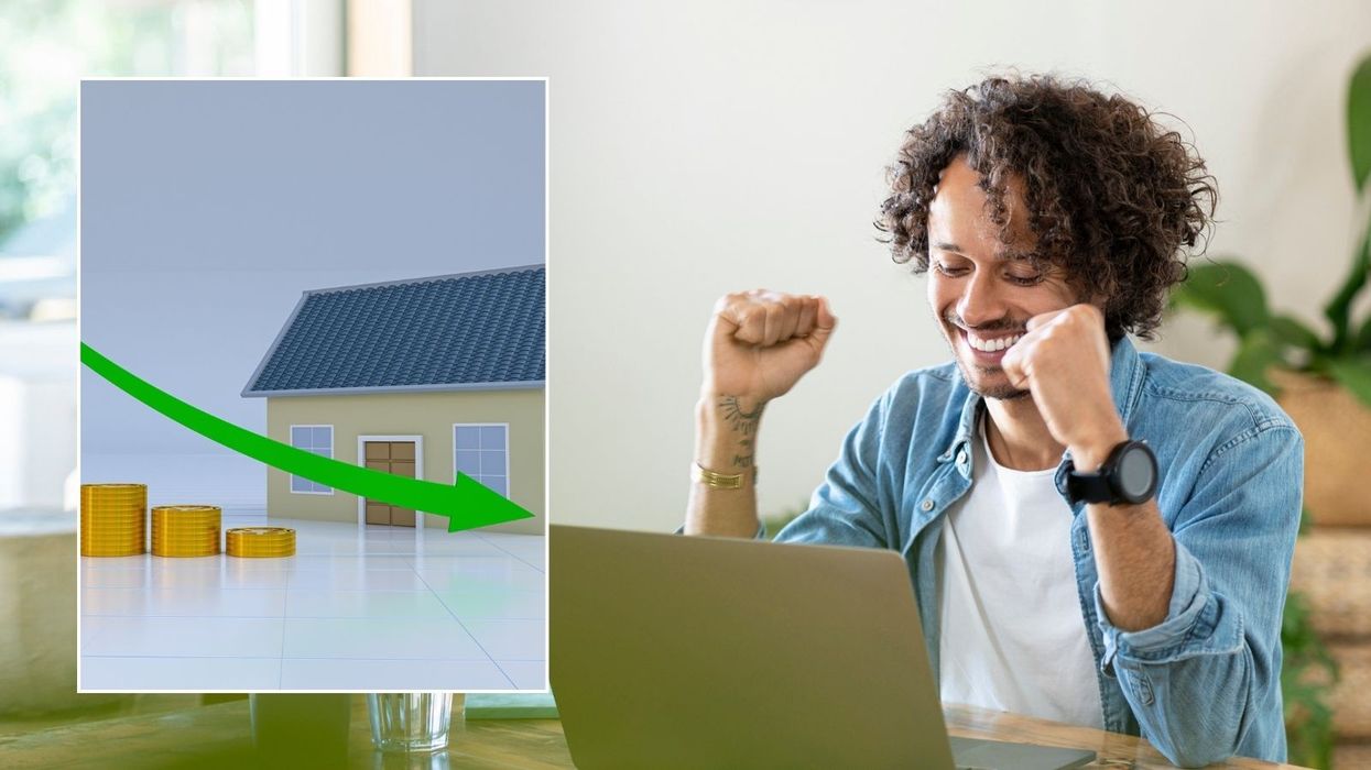 Man happy and mortgage rate graph going down