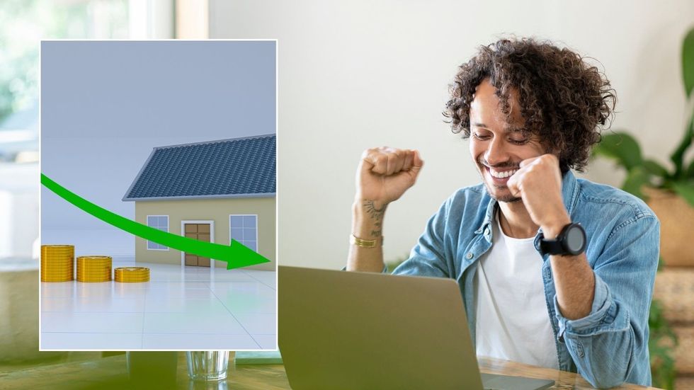 Man happy and mortgage rate graph going down