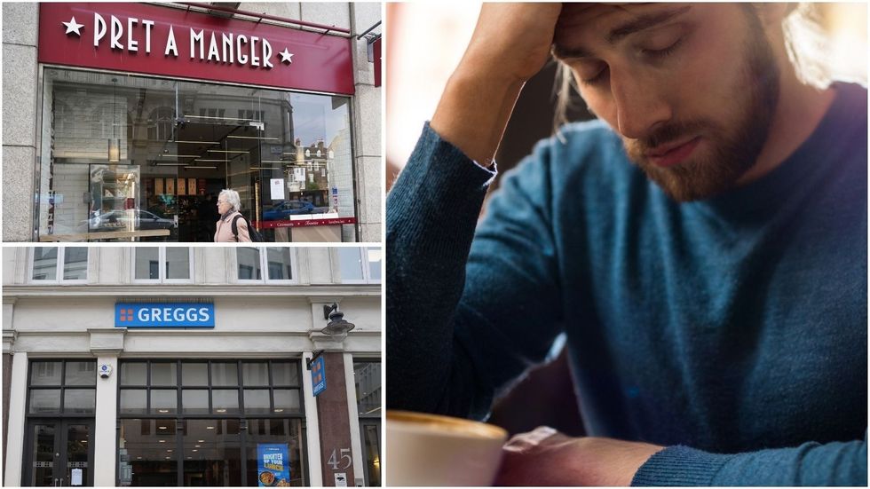 Man having a coffee and Pret A Manger/Greggs stores
