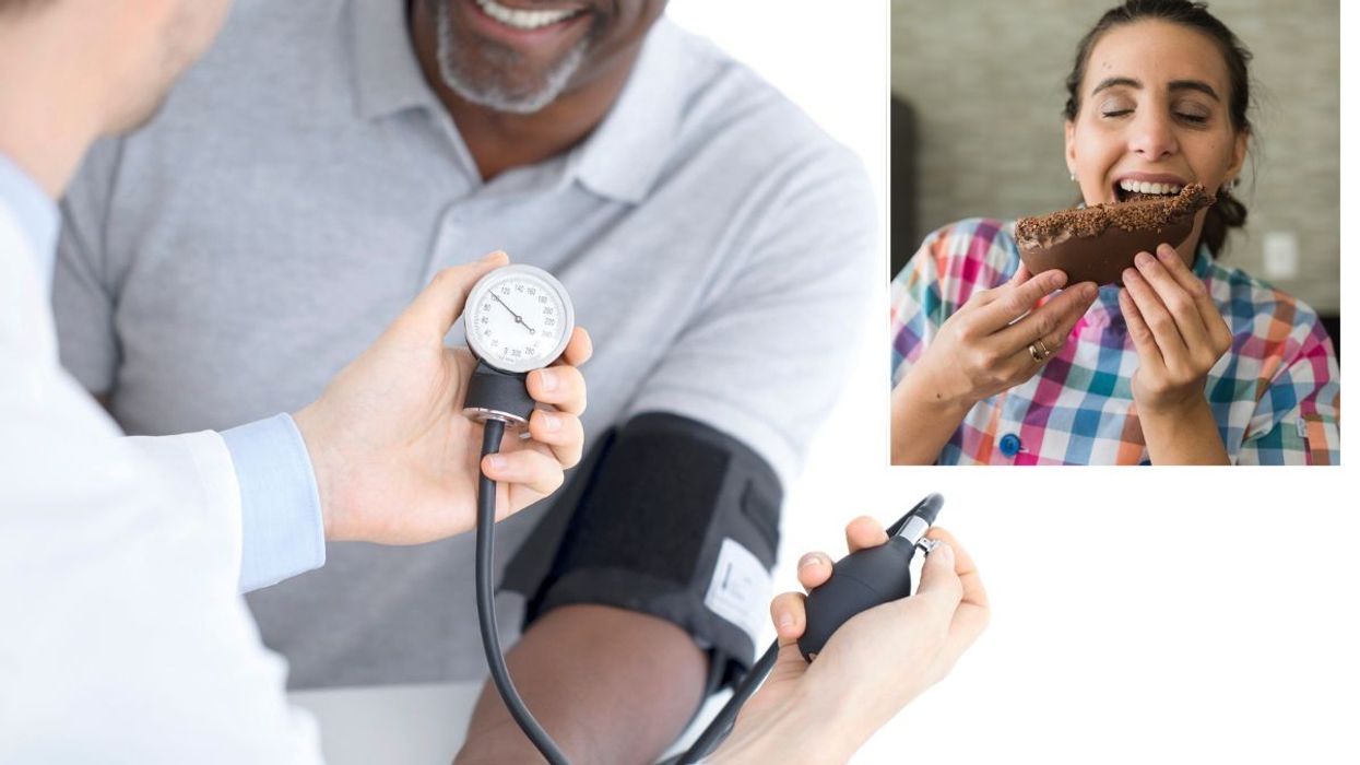 Man having blood pressure checked / Woman eating chocolate cake