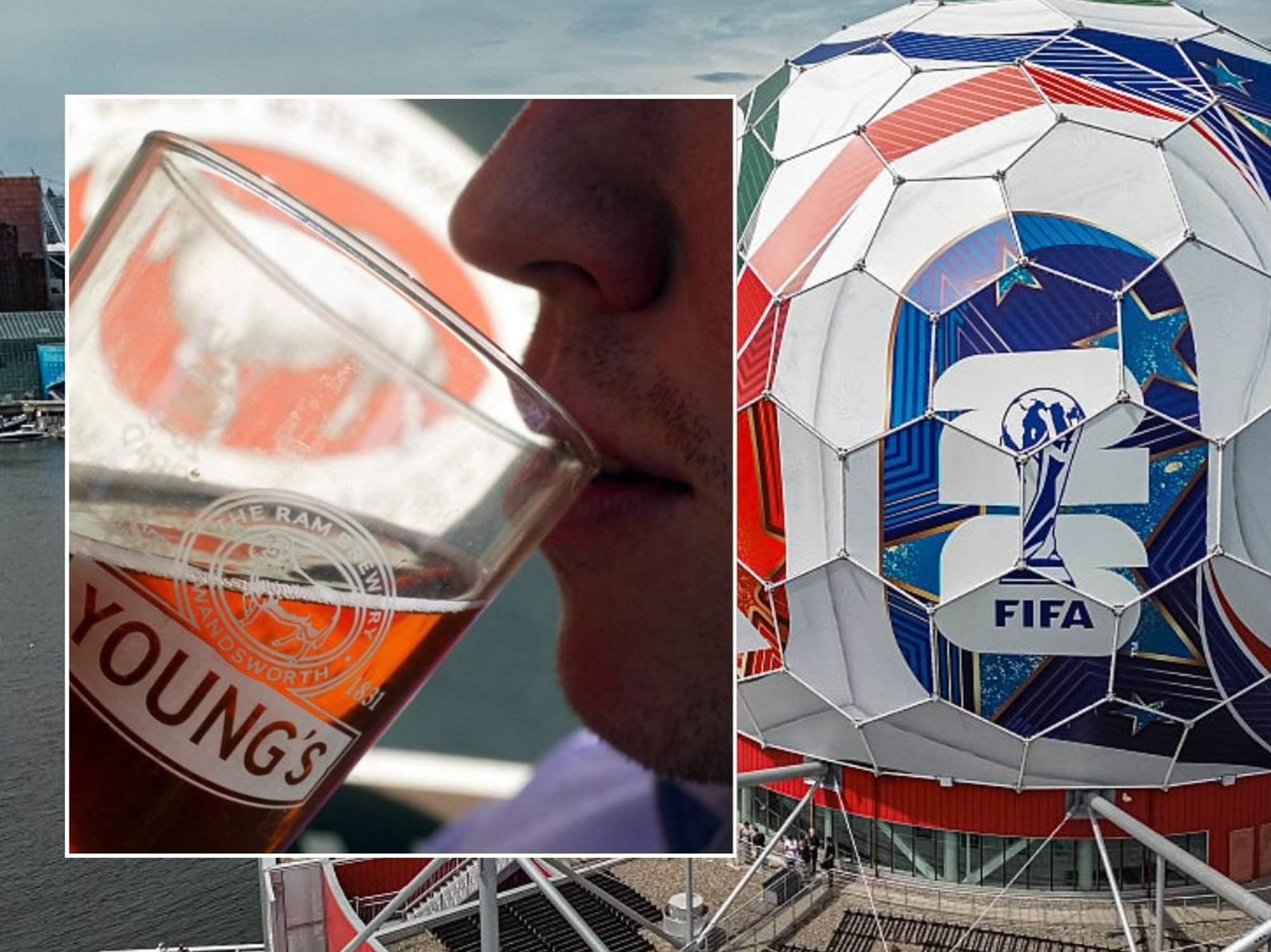 Man having pint and World Cup stadium