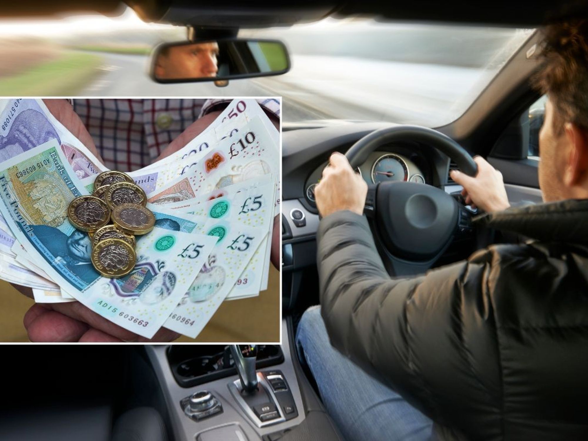 Man holding cash and a man driving a car