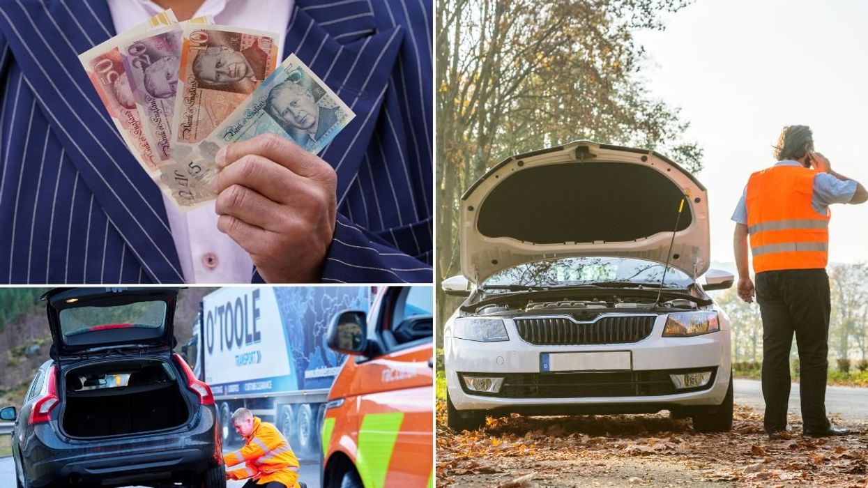 Man holding cash and two broken down cars